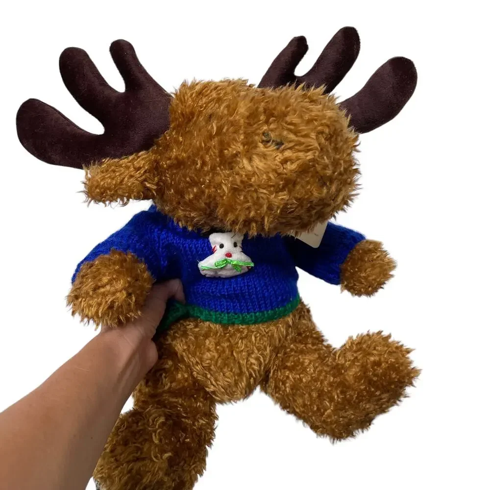 Vintage Reindeer Plush Moose Brown Curly Hair Blue Sweater 15” HugFun Toy TAGS